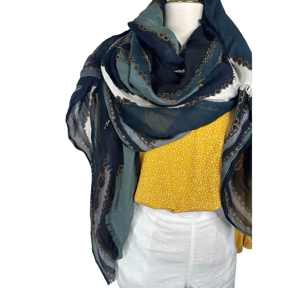 Oversized Navy Teal Chain Print Scarf Wrap Shawl Lightweight Fringe